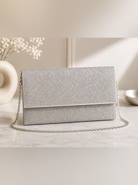 Starlet Clutch Purse Silver Sparkle Beaded Chain Strap